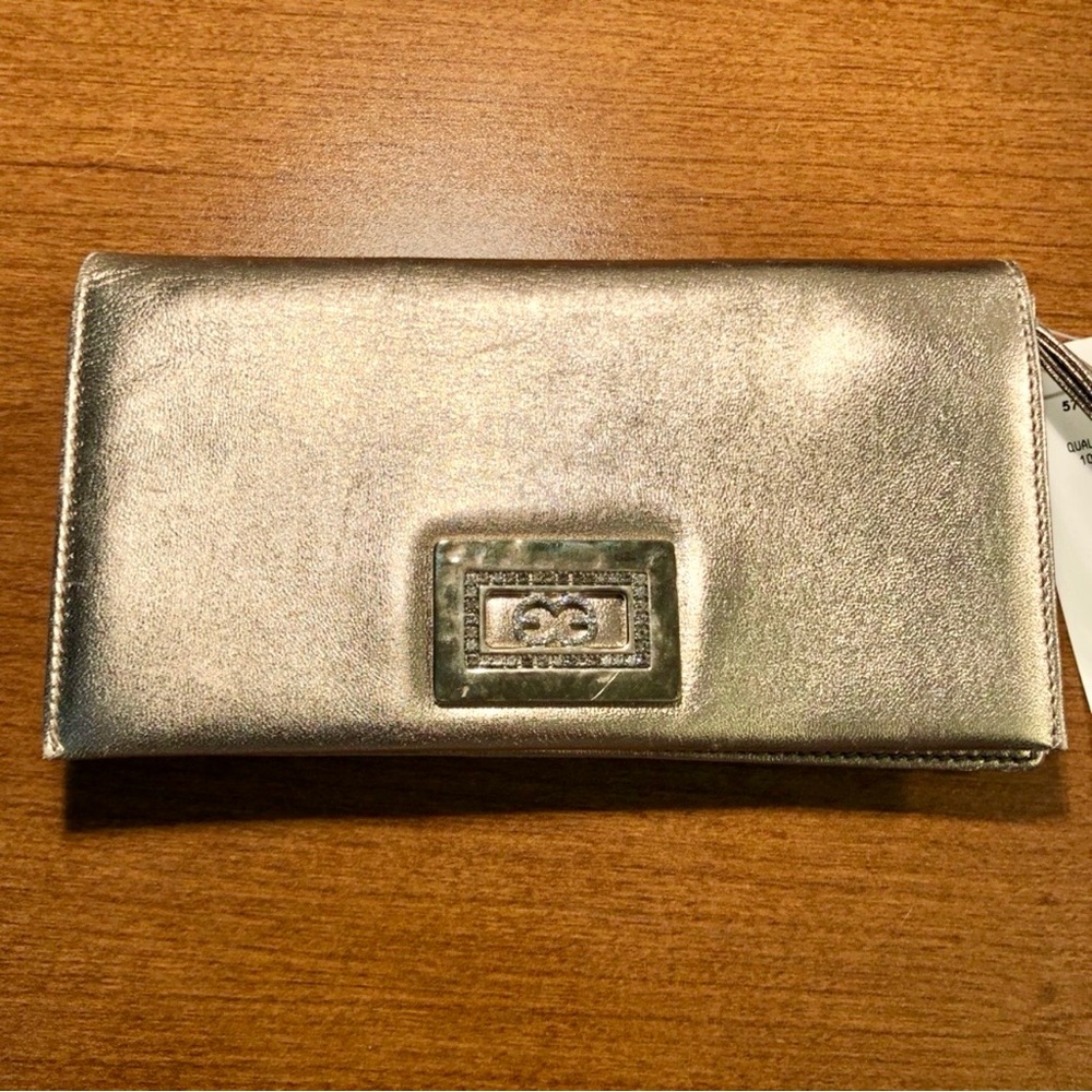 ESCADA metallic wristlet handbag with logo and crystals